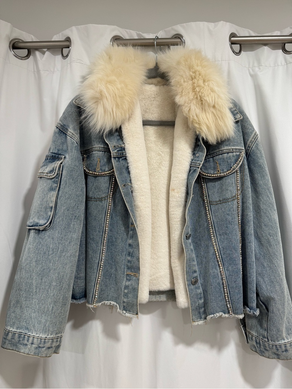 Light Blue Denim Jacket with Cream Faux Fur Collar and Sherpa Lining